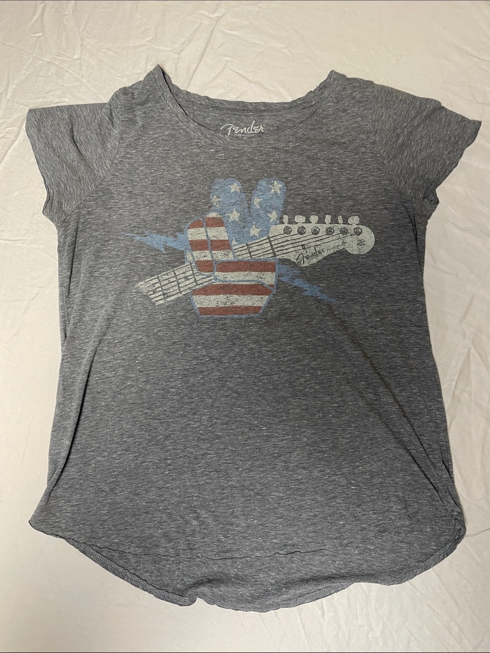 Women’s grey lucky brand Fender collab patriotic XL t shirt